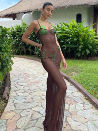 Casual Dresses Solid Colour Sexy See Through Clothing Mesh Halter Long Dress For Women 2023 Summer Beach Wear Evening Party A2590