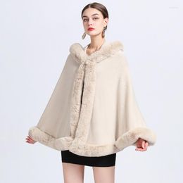 Women's Fur Winter Thick Faux Collar Outside Cloak Women Warm Soft Cashmere Poncho Cappa Big Pendulum Loose Shawl Coat With Hat