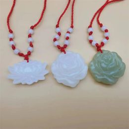 Natural White Green Carved Rose Flower Lotus Lucky Jade Pendant Handmade Amulet Necklace Charm Gifts Jewellery