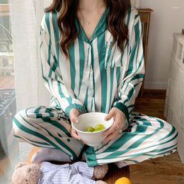 Women's Sleepwear Long Sleeve Silk Pyjamas Spring Summer Women Pyjama Sets Print Satin Luxurious Pyjamas Green Stripes Nightwear