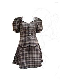 Party Dresses Women's Plaid A-line Mini Dress Vintage 2000s Fashion Club Short Sleeve Kawaii One Piece Frocks Summer Clothes 2023