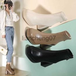 Boots 2022 New Autumn Winter Leather Short Boots Women Square High Heel Women Shoes Zipper All Match Ankle Boot Female Platform Shoes x0928