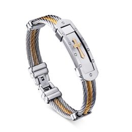 3 cables stainless steel bracelet with gold cross for man and woman 2068