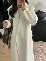 Women's Wool Blends Cotvotee Wool Coat Women Autumn Winter Fashion Coat Casual Office Lady Double Breasted Turn Down Collar Loose Long Coat 230927