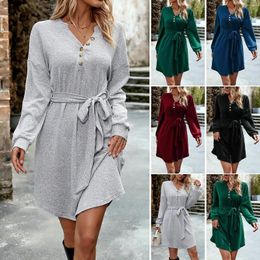 Casual Dresses Autumn Office Lady Long Sleeve Solid Outfit V Neck Elegant Women Dress Fashion Robe Streetwear Clothing