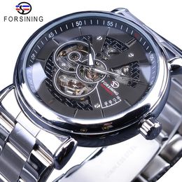 Forsining Steampunk Black Silver Mechanical Watches for Men Silver Stainless Steel Luminous Hands Design Sport Clock Male255B