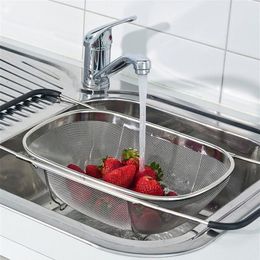 Retractable Drain Basket Rubber Grip Handles Stainless Steel Oval Colander Sink Vegetables Draining Rack Drain washing basket T2002626