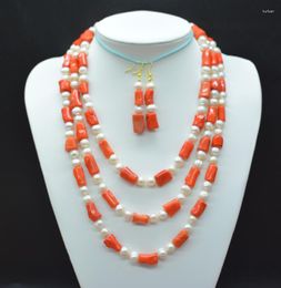 Necklace Earrings Set Pretty. Exquisite 3 Rows. Orange Irregular Coral And Natural Pearl Necklace. Earrings. African Bridal -20-26"