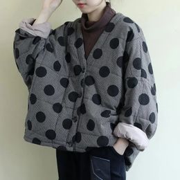 Women's Down Parkas Johnature Women Polka Dot Parkas V-Neck Bat Sleeve Warm Coats Autumn Button Loose Female Clothes Casual Parkas Coats 230927