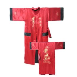 Burgundy Black Reversible Chinese Men's Satin Silk Two-face Robe Embroidery Kimono Bath Gown Dragon One Size S3003