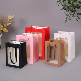 Gift Wrap 12Pc Kraft Paper Handle Bag With Window Shopping Carry Bouquet Flowers Wedding Birthday Wrapping Bags