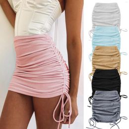 Skirts Spring And Autumn Women's Knitted Thread Side Drawstring Elastic Pleated Half Skirt Sexy Slim Fit Adjustable Hip Wrap Mini