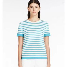 Women's T Shirts 2023 Summer Women Commuting Ultrafine Thin Acetate Cotton Round Neck Stripe Intermittent Short Sleeve Knitted T-shirt