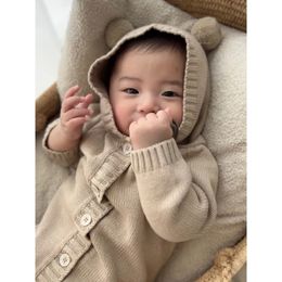 Rompers Baby Cute Bear Ear Hooded Rompers born Girl Boy Knitted Jumpsuits Autumn Winter Long Sleeve Toddler Infant Bodysuits 230927