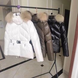 Women's Down Parkas Luxury Real Fur Collar Glossy Down Coat for Women Winter Thick Hooded White Duck Down Puffer Jacket with Belt ZN177 230927