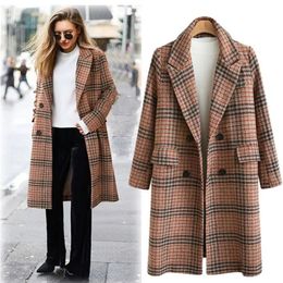 Women's Wool Blends Women Coat Long Jacket Woollen Plaid Double Breasted Lapel Overall Autumn Winter Loose Fitting Blazer Chequered Long Sleeve 230927