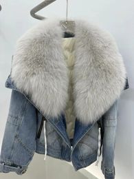Womens Fur Faux s Fashion Denim Goose Down Big White Collar Detachable Filling Inner Lining HighEnd Jacket 230927