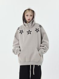 Hip Hop Hoodie Streetwear Harajuku Embroidery Star Zipper High Neck Hooded Sweatshirt Y2K 2023 Fashion Loose Turtleneck Pullover