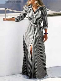 Basic Casual Dresses 2023 Autumn Dresses for Women Striped Buttoned Tied Detail Shirt Dress Vestidos De Mujer Casual Elegant Maxi Robe Female T230928