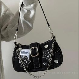 Evening Bags Fashion Vintage Y2k Ladies Shoulder Bags Sweet Cool Star Chain Women's Underarm Bag Black Goth Denim Female Tote Handbag Purse 230927