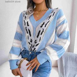 Kadın Sweaters Ficusrong Kadınlar Sonbahar Kış V Boyun Kontrast Renk Leopar Fener Kılı