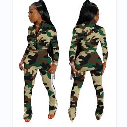 Designer Camo Tracksuits Women Fall Two Piece Sets Casual Camouflage Outfits Long Sleeve Jacket and Pants Matching Sets Bulk Wholesale Clothes 10171