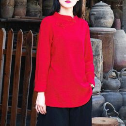 Ethnic Clothing Traditional Chinese Shirt Long Sleeve Mandarin Collar Blouses Female Zen White Cotton Linen Blouse Q803