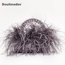 Evening Bags Pearl beaded evening bag Ostrich feather fur designer Clear Acrylic crystal stone box tote handbag women handmade party purse 230927