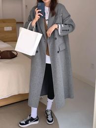 Women's Wool Blends Zoki Winter Thick Office Lady Long Wool Coat Elegant Fashion Faux Wool Jacket Women Simple Grey Long Sleeve All Match Outwear 230927