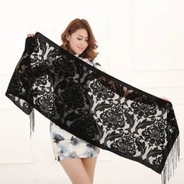 Scarves Solid Colour Floral Print Long Scarf Winter Burnout Velvet Hijab Head Shawl Poncho Women Fashion Gift For Lovers 230928