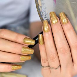 False Nails Press On Nail Tips Gold Glitter Cover Fingernails Reusbale Manicure Acrylic Coffin Medium Size