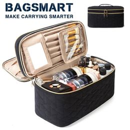 Cosmetic Bags Cases BAGSMART Travel Case Double Layer Makeup Organiser Bag with Adjustable Dividers Waterresistant Leather 230927