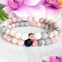 Beaded Pink Zebra Jasper Natural Stone Bracelet Healing Crystals Mala Yogi For Women Lava Rock Essential Oil Diffuser Drop D Dhgar328G