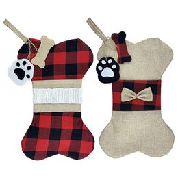 16.5inch Pet Dog Bone Paw Christmas Stocking Ornaments Burlap Buffalo Plaid Xmas Tree Gift Bags Hanging Fireplace Christmas Decorations For Family Holiday Party