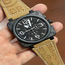 2022 mens watch automatic mechanical bell brown leather black rubber ross 6 hands2027