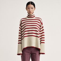 Women's Sweaters Totem Women Wool Cotton Red Stripe High Neck Knit Pullover Loose Tops Y2k Sweater Vintage Casual Jumper Long Sleeve