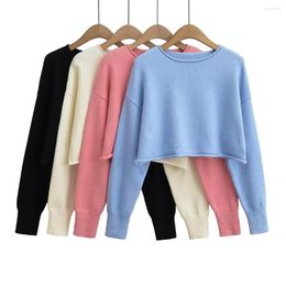 Women's Sweaters 23 Autumn And Winter Short Sweater Blouse Girl Rolled Edge Round Neck Loose Knit Pullover Crop Top