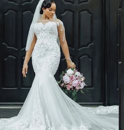 African Women Plus Size Mermaid Wedding Dresses For Bride Beading Sequin Bridal Gowns Long Sleeves Vestidos De Boda