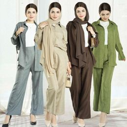Ethnic Clothing 2 Pieces Set Casual Women Long Sleeve Blouse Shirts Tops Wide Leg Pants Trousers Suit Muslim Abaya Outfits Dubai Turkey