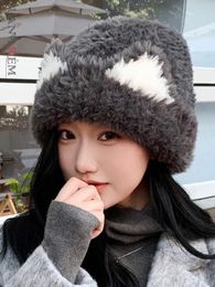 Wide Brim Hats Bucket LANMREM Korean Style Warm Women Contrast Colour Feather Outdoors Hat Fashion Winter 2AA3039 230928