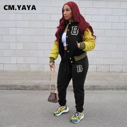 Women's Two Piece Pants CM.YAYA Baseball Women's Set Autumn Winter Button Up Patchwork Sweatshirt and Pants Matching Two 2 Piece Set Outfits Tracksuit 230927