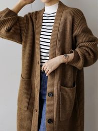 Women's Knits Tees Vintage Elegant V-neck Single Breasted Long Knitted Cardigan Autumn Winter Thick Warm Long Sleeve Pockets Coat Women Casual Tops 230927