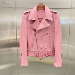 Women's Leather Faux Leather Coat Spring Women Genuine Leather Jacket Fashion Short Clothes Female Pink Outerwear Turn-Down Collar FN6673 230927