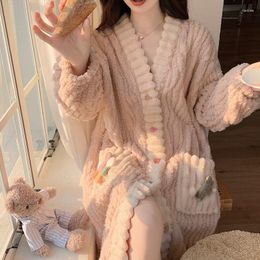 Women's Sleepwear Appliques Robe Women Button Nightdress Winter Night Wears Pyjama Nightgown Long Sleeve Warm Fleece Homewear Japanese