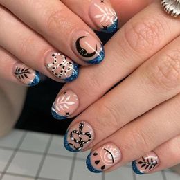 False Nails Blue Glitter French Short Oval Shape Trendy European And American Style Snake Pattern