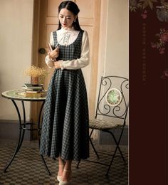 Casual Dresses 2023 Autumn Winter Women Dress Vintage Retro Elegant Long Sleeve Stand Collar Plaid One-piece Pattern Vestido