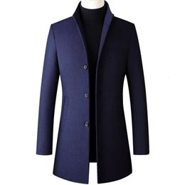 Men's Wool Blends Long Trench Coats 2023 Autumn Winter Single Breasted Blue Jacket Casual Business Male Slim Fit Windbreaker 230927