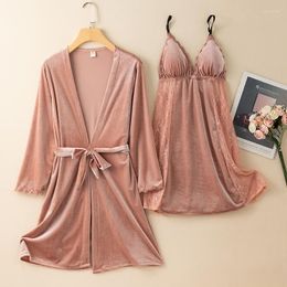 Women's Sleepwear Bridal Velour Kimono Robe Gown Suit With Strap Nightgown Sexy Bathrobe Lace Perspective Bridesmaid Wedding Nightwear