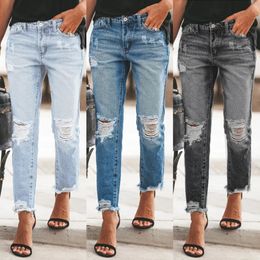 Women's Jeans Women's Mid Waist Ripped Jeans Fashion Casual Ankle-Length Denim Straight Leg Pants Gray/Blue S-2XL Drop 230928