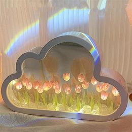 Night Lights Handmade DIY Cloud Tulip Mirror Small Light Girl Bedroom Ornaments Creative Po Frame Table Lamps Birthday Gifts